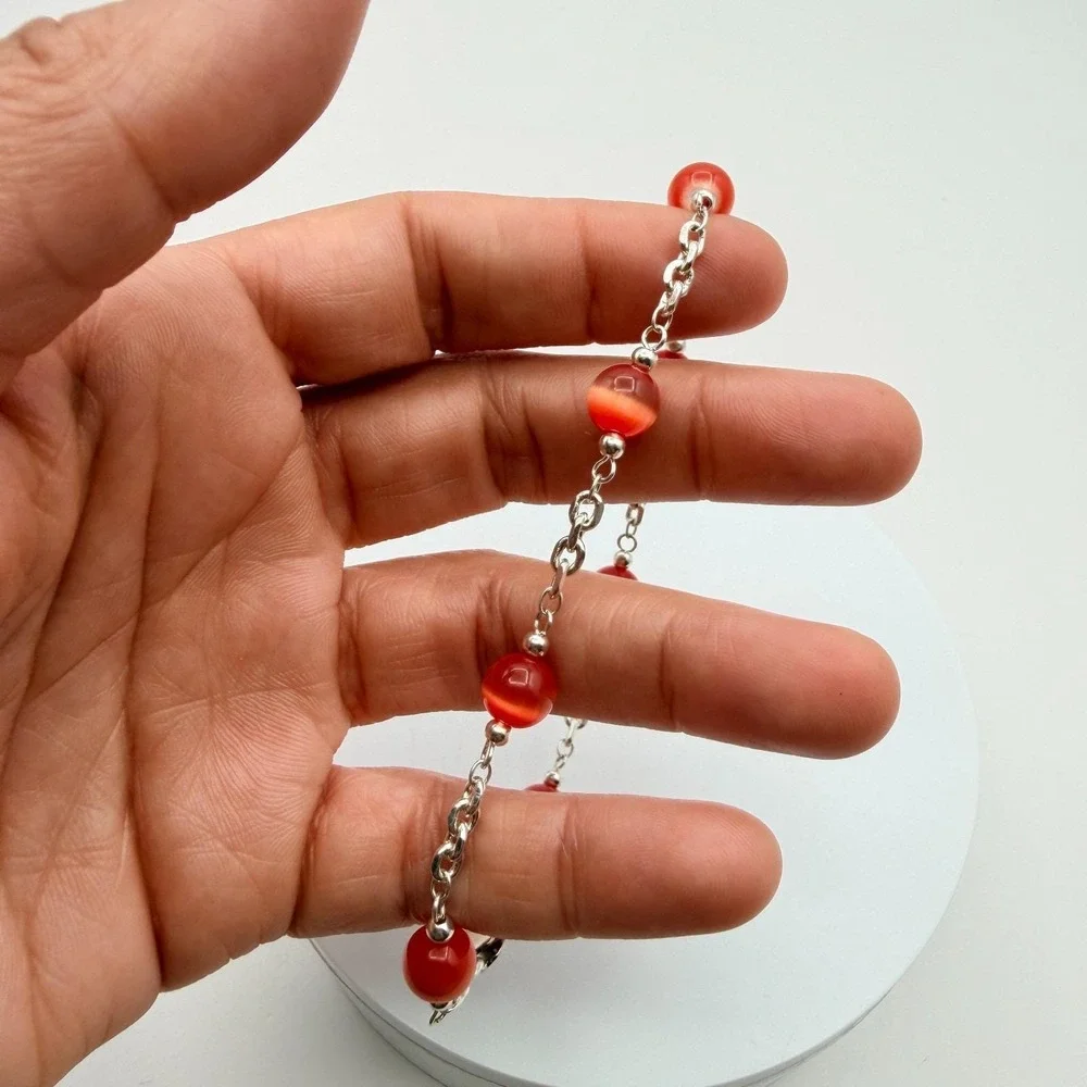 Vintage 90s Women's Silver Tone Chain Burnt Orange Bead Station Bracelet Jewelry